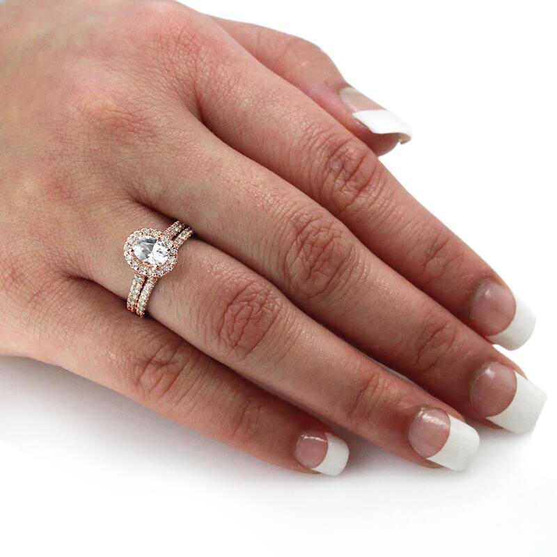 Auriya 14k Rose Gold 1ctw Halo Oval Diamond Engagement Ring Set