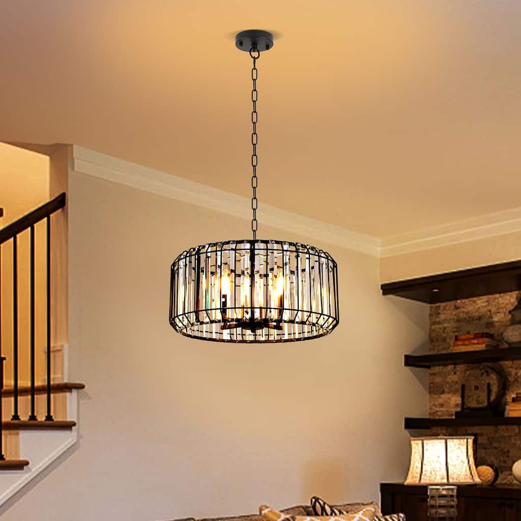 4-light Elegant Crystal - Adorned Black Drum Chandelier - Matte Black