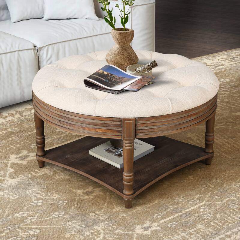 Large Round WaterProof Ottoman Coffee Table 2 Tier Oversized Button Tufted Ottoman with Wooden Upholstered Coffee Table - Beige+White