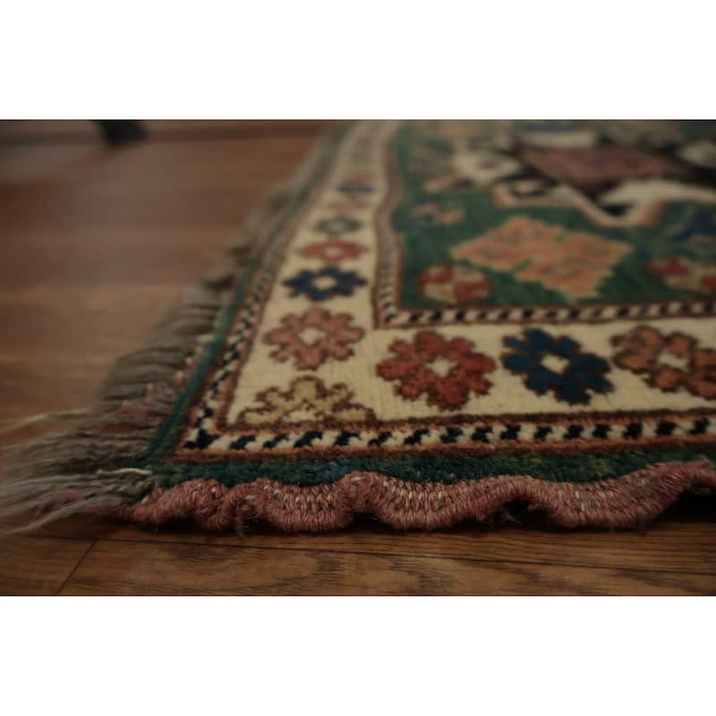 Hand Knotted Oriental 100% Wool Carpet Traditional Geometric Green Super Kazak Runner Rug - 9' 8'' X 2' 9''