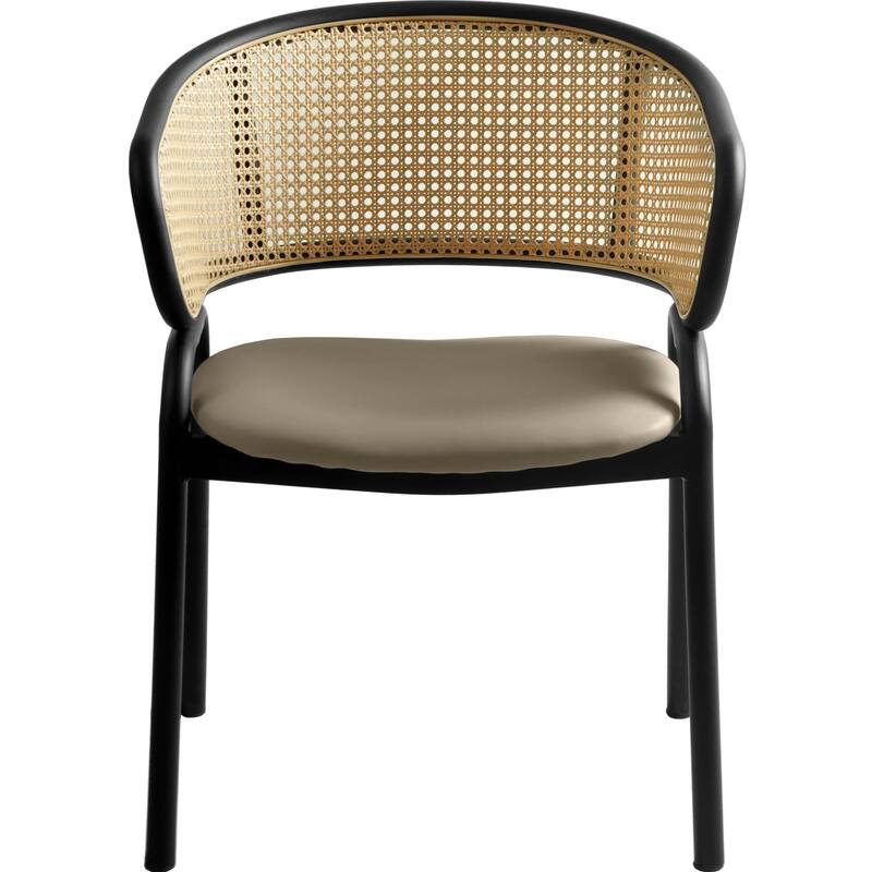 LeisureMod Set of 2 Modern Leather Dining Chair with Wicker Back & Black Steel Frame - Accent Side Armchair for Home Furniture