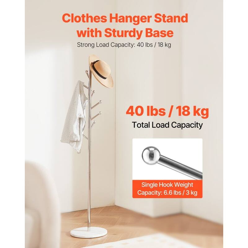 8-Hook Freestanding Coat Rack with Stainless Steel Frame and Marble Base for Home Organization - 14.57” x 14.57” x 68.11”