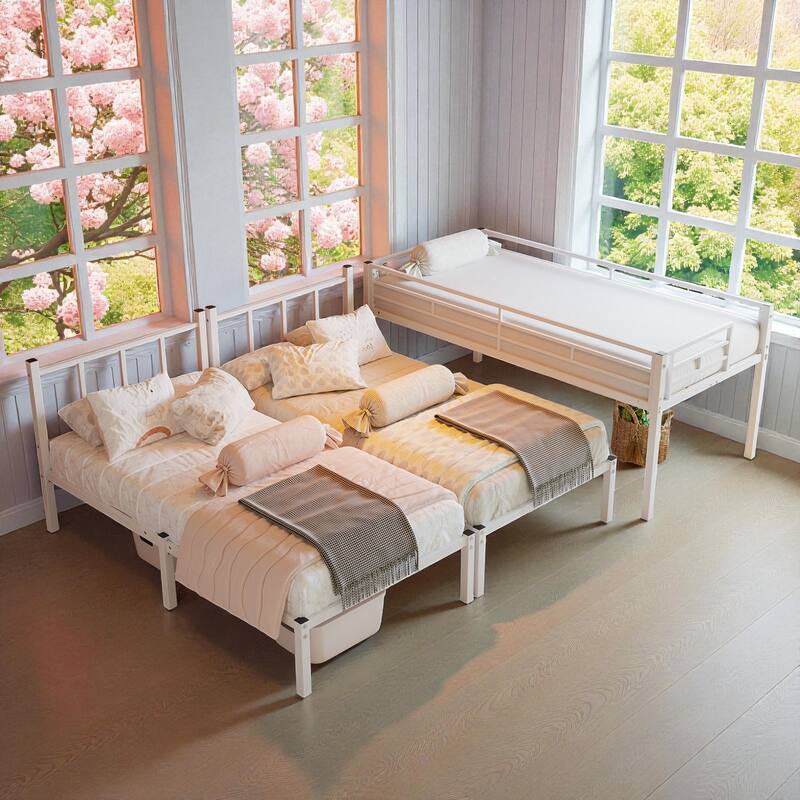 Metal Twin Over Twin Over Twin Triple Bunk Bed with Safety Guardrails, Ladder, Convertible 3 Beds, Heavy-Duty Frame