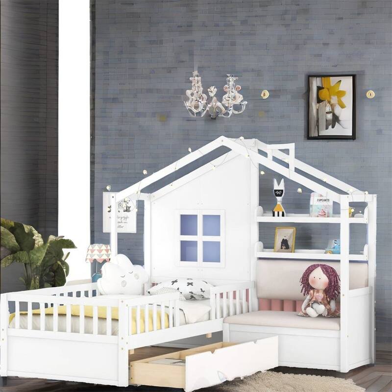 Twin Size Kids Platform Bed with Sofa and Storage Shelf - White