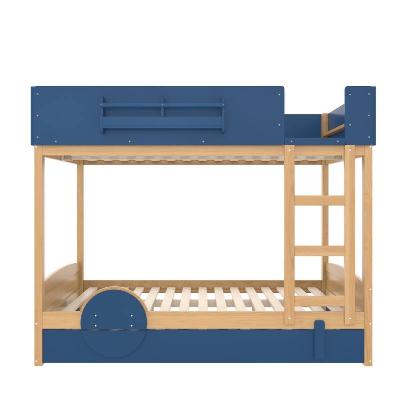 Queen/Full Bunk Bed with Trundle, Built-in Bookshelf & Safety Guardrail, Automobile Design