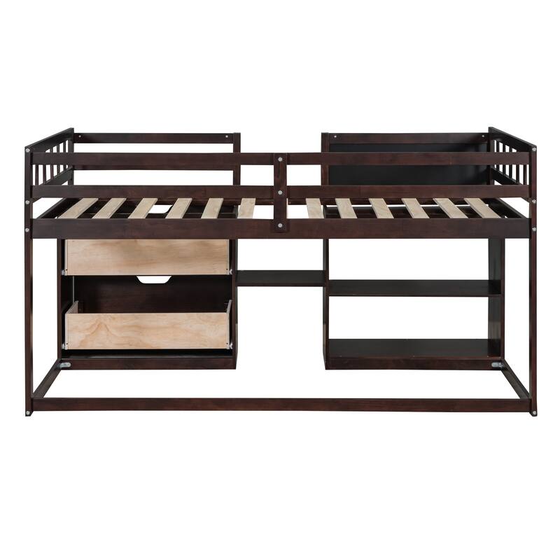 Twin Size Low Loft Bed with Rolling Desk, Shelf, and Drawers in Espresso