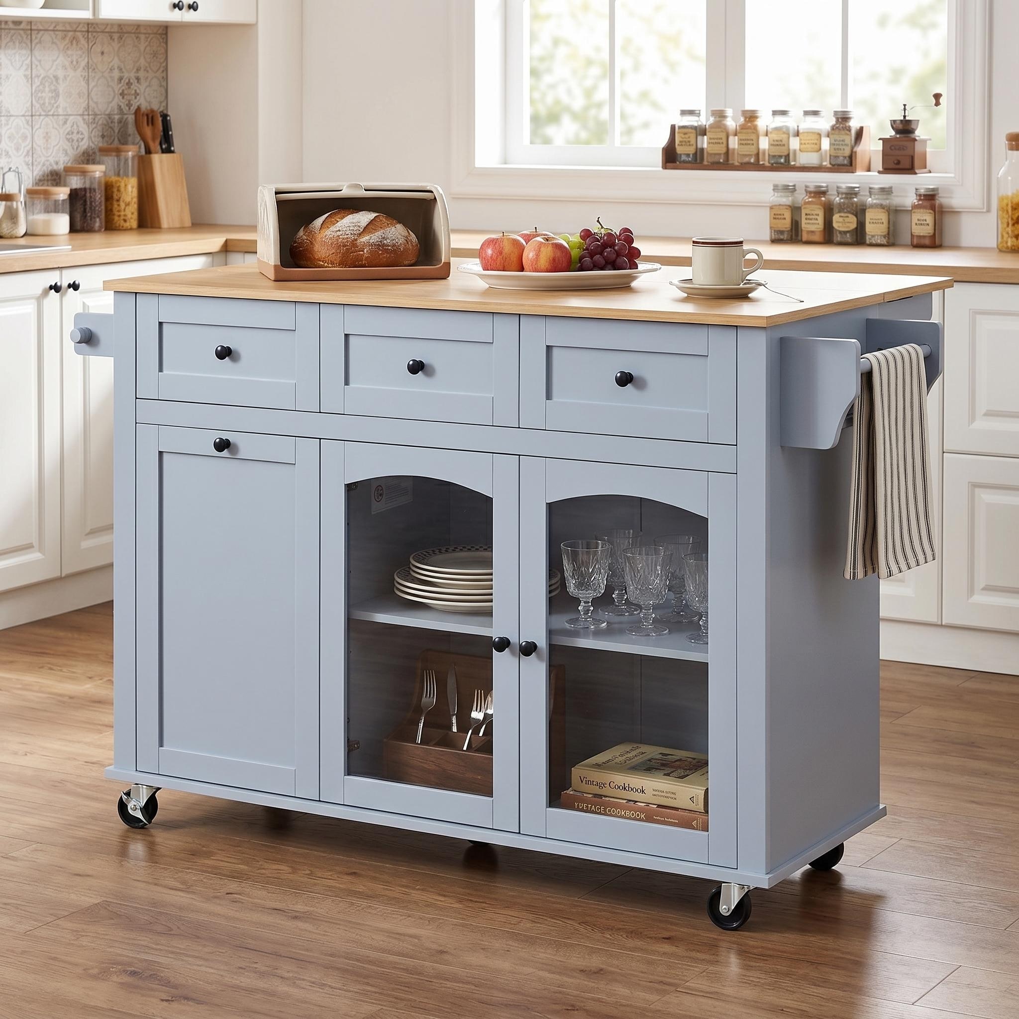 Christopher Knight Home - Kitchen Island Cart MDF & Tempered Glass with Storage Cabinet, Hidden Trash Bin & Spice Rack
