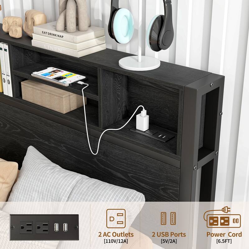 Metal Platform Bed Frame with Wooden Headboard Footboard, Bookcase Storage, Charging Station, No Box Spring Needed, Noise-Free