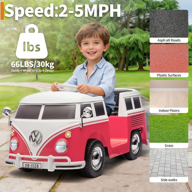 6V Electric Ride on Car, Licensed Volkswagen Ride on Bus for Kids, Pink