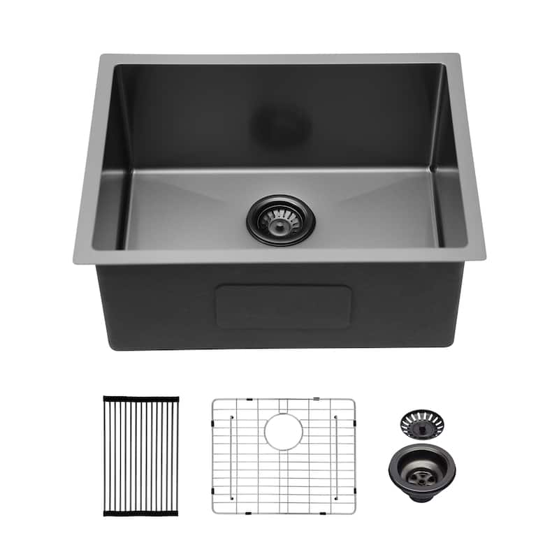 23" Undermount Single Bowl 16 Gauge Stainless Steel Kitchen Sink in Gunmetal Black - 23'' x 18'' x 9''