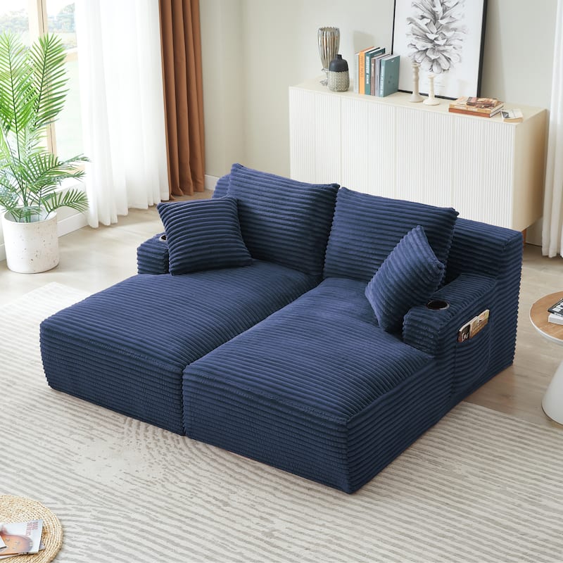 Compressible Double Chaise Lounge With Cupholders - No Assembly Required, Fluffy Modern Sleeper Loveseat