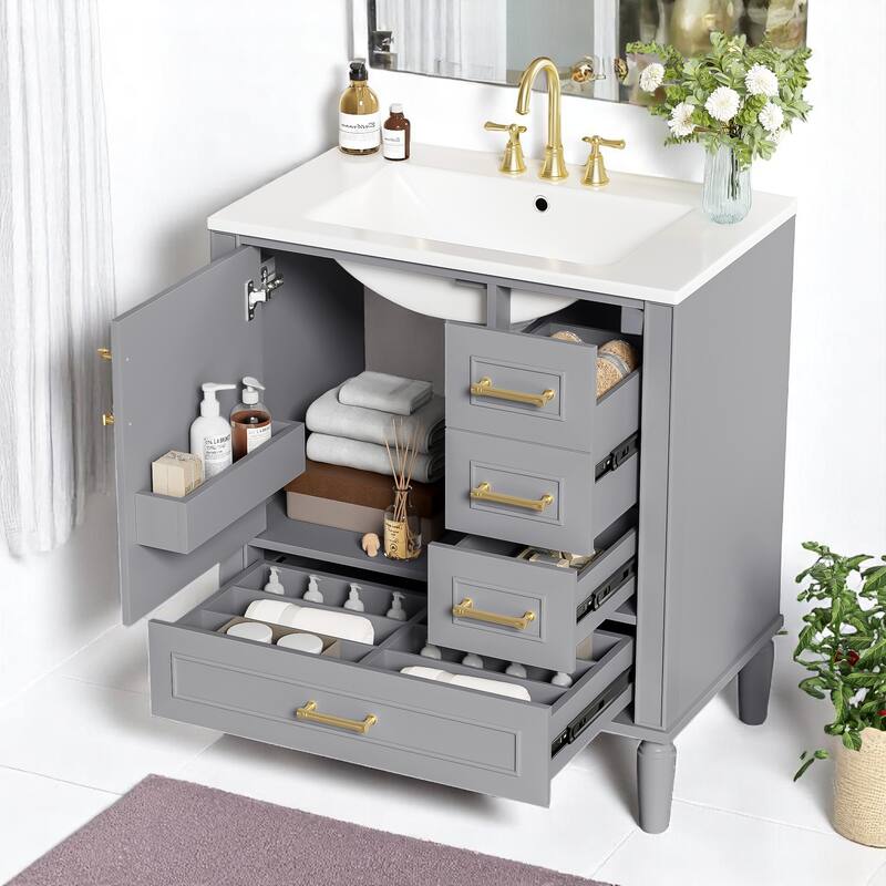 30" Bathroom Vanity with Sink, Freestanding Storage Cabinet with 3 Drawers, Soft-Close Door, Ceramic Basin,Bathroom Cabinet