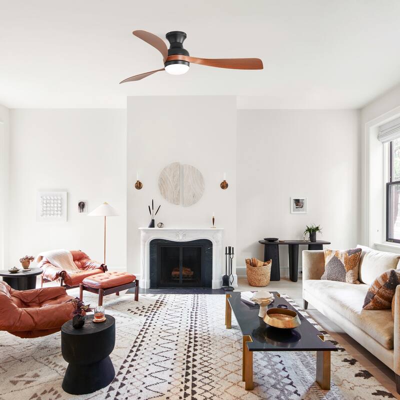 52-Inch Ceiling Fan With Light And Remote Control,With 3 ABS Fan Blades,Flush Mount Ceiling Fan with Reversible DC Motor - Black