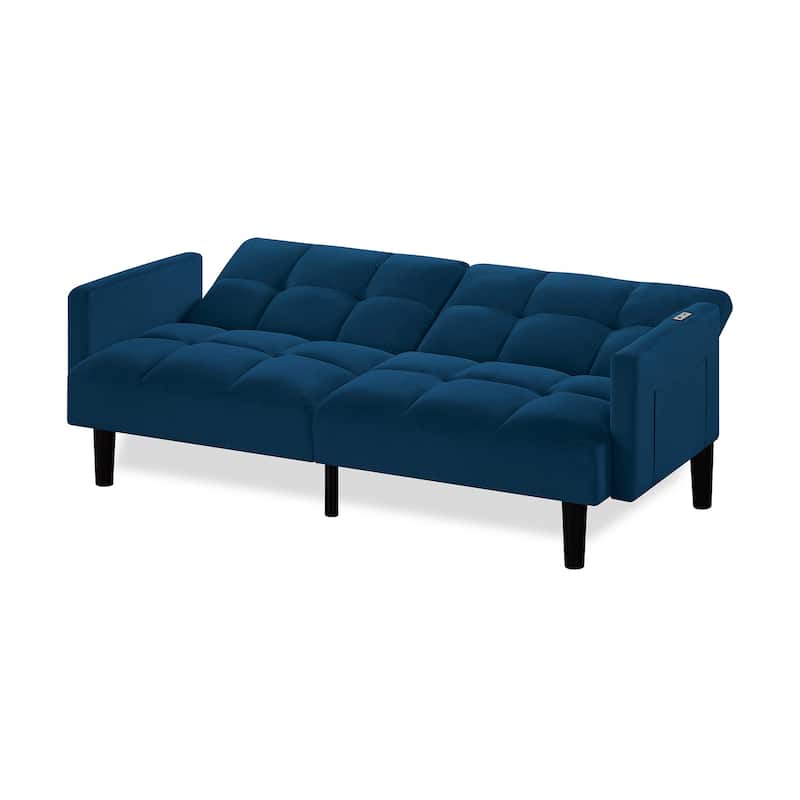 Versatile Adjustable Futon Couch Convertible Velvet Sleeper Sofa Bed with USB, Side Pockets, Chevron Tufting and Tapered Legs