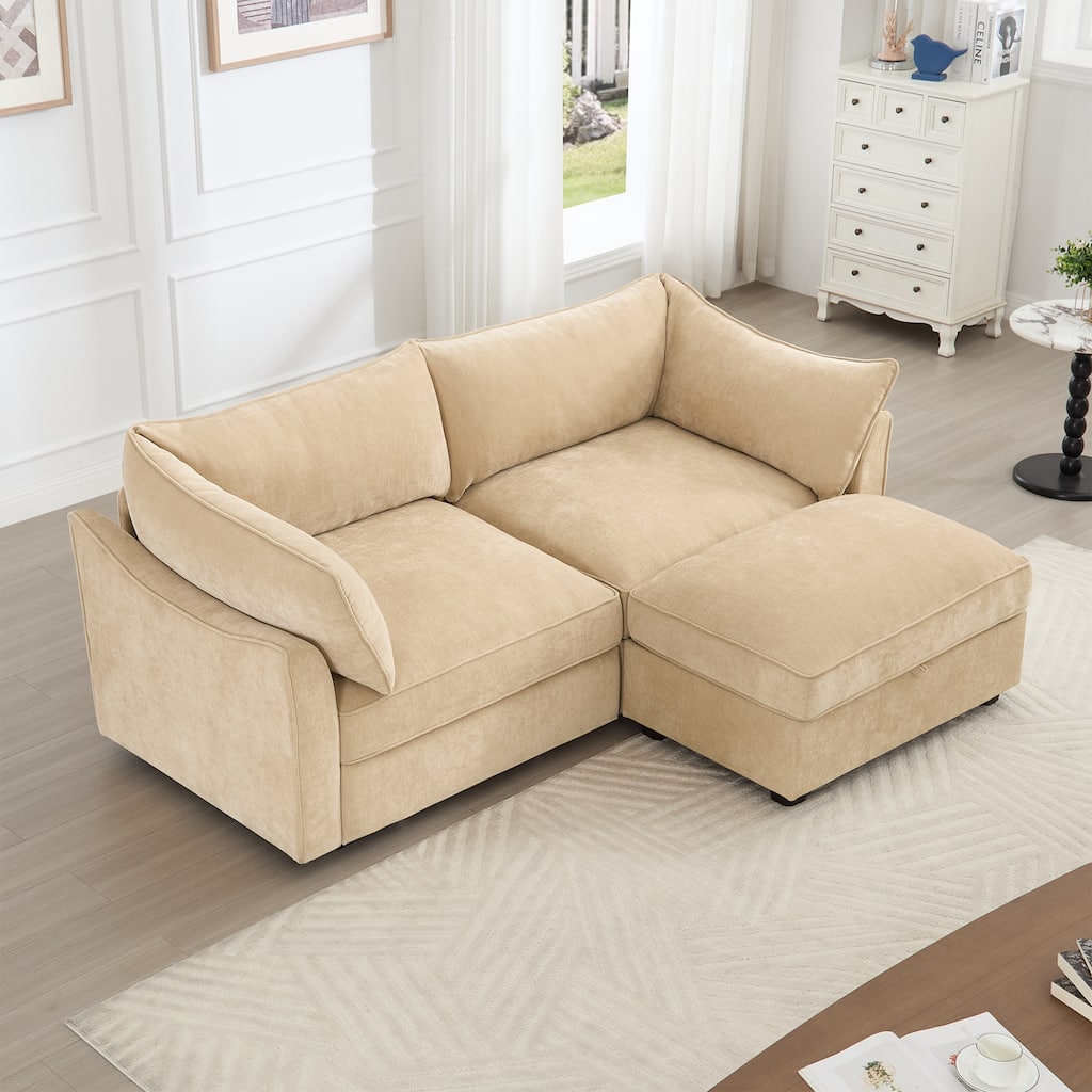 2-Seater Loveseat with 1 Movable Ottoman & Pull out Storage Drawer Under Seat