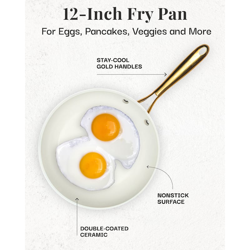 Gotham Steel Cream 12'' Nonstick Ceramic Fry Pan with Gold Stay Cool Handle