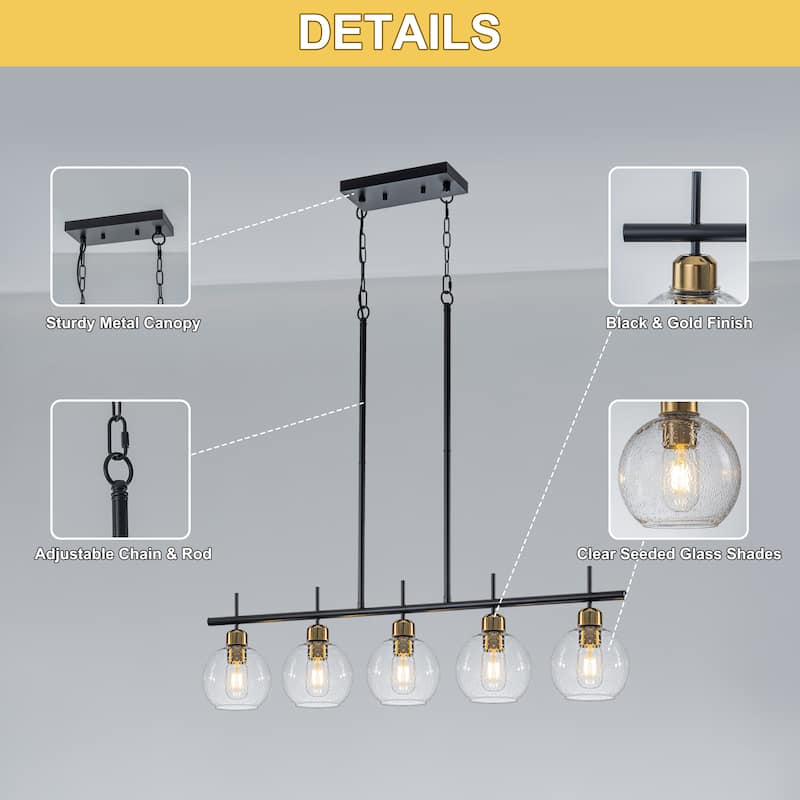 Starsky 5-Light Modern Linear Kitchen Island Pendant with Seeded Glass Globes, Adjustable Height, Black or Gold