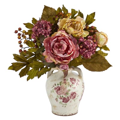 16" Peony Artificial Arrangement in Flower Print Jar