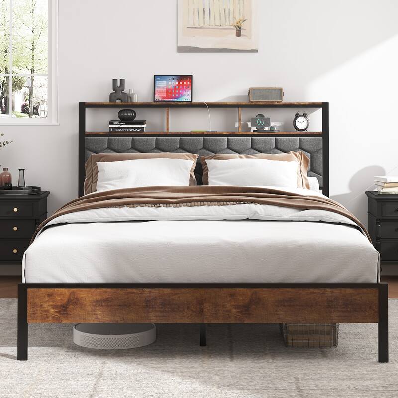 Roomfitters Wood Platform Bed Frame with Upholstered Headboard, Charging Station, No Box Spring Needed, Brown - Queen