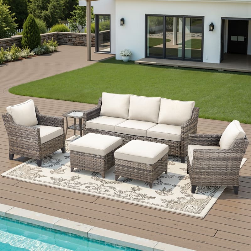 Glissia 6-Piece Gray Wicker Patio Seating Set with Cushions and Ottomans