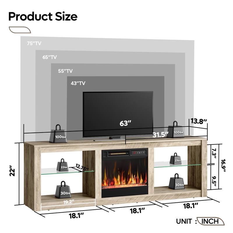 Bestier 63 in. LED TV Stand Fits TV's Up to 70 in. Entertainment Center with Fireplace and Adjustable Shelves