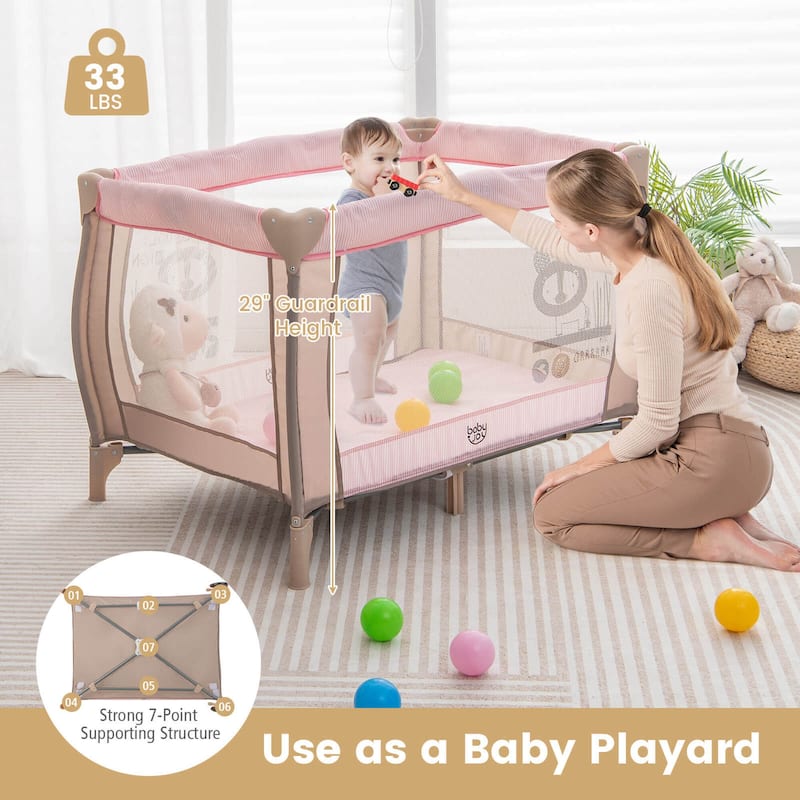 Costway Portable Baby Playard Nursery Center Crib with Hanging Toys & - See Details