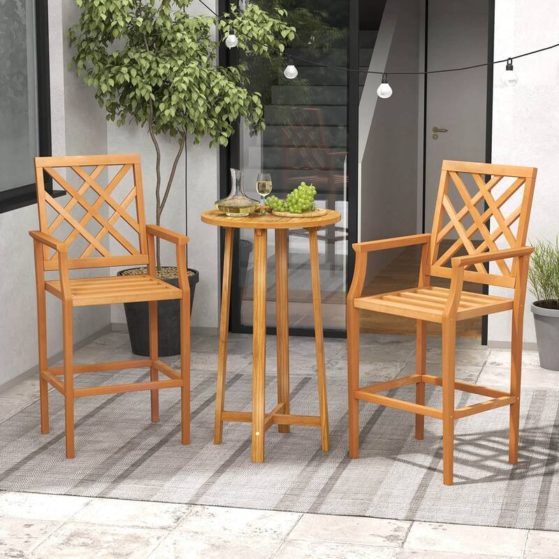 Costway 1/2/4 PCS Patio Teak Wood Bar Stool with Ergonomic Backrest