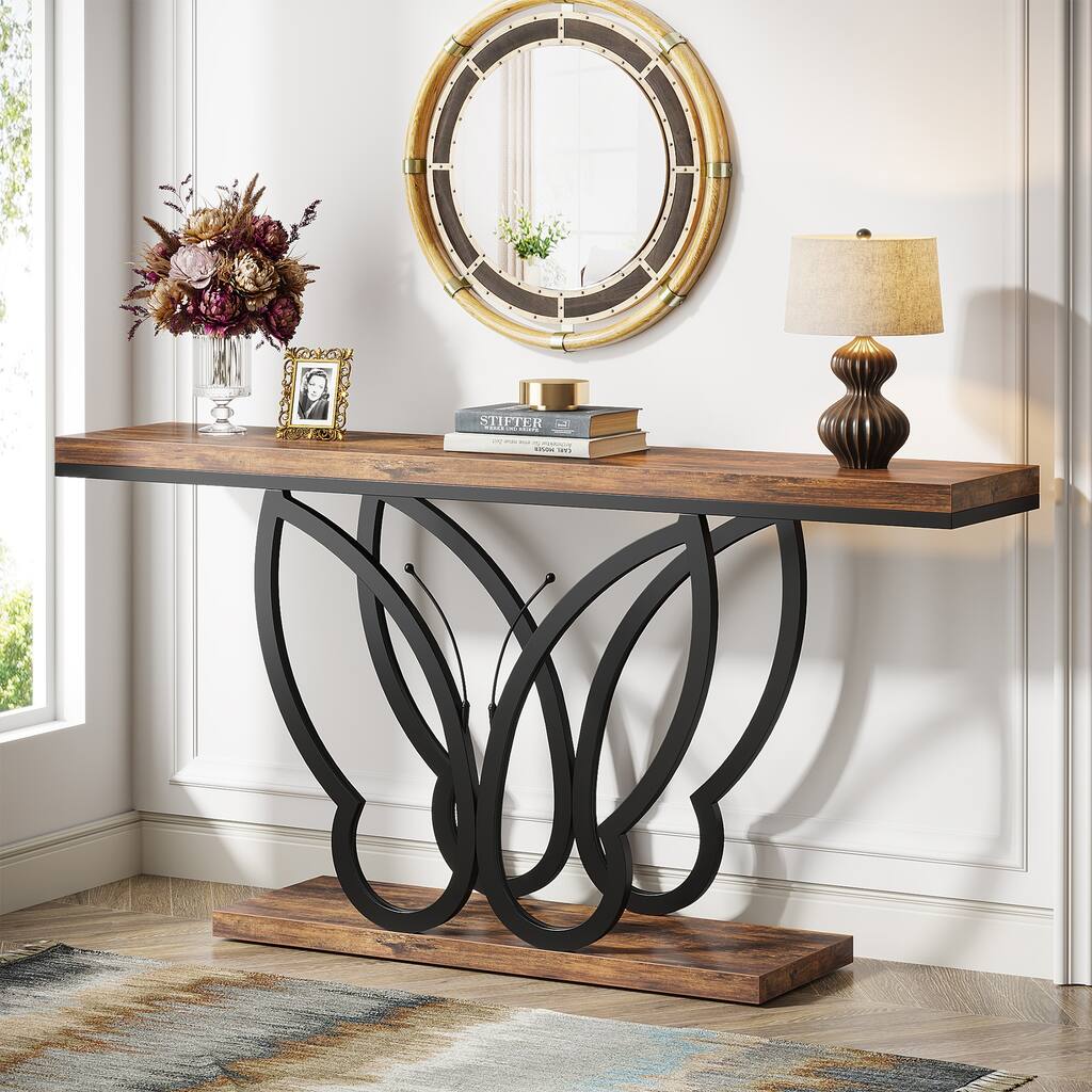 55-Inch Console Sofa Table with Wooden Top Metal Frame for Entryway Living Room Hallway