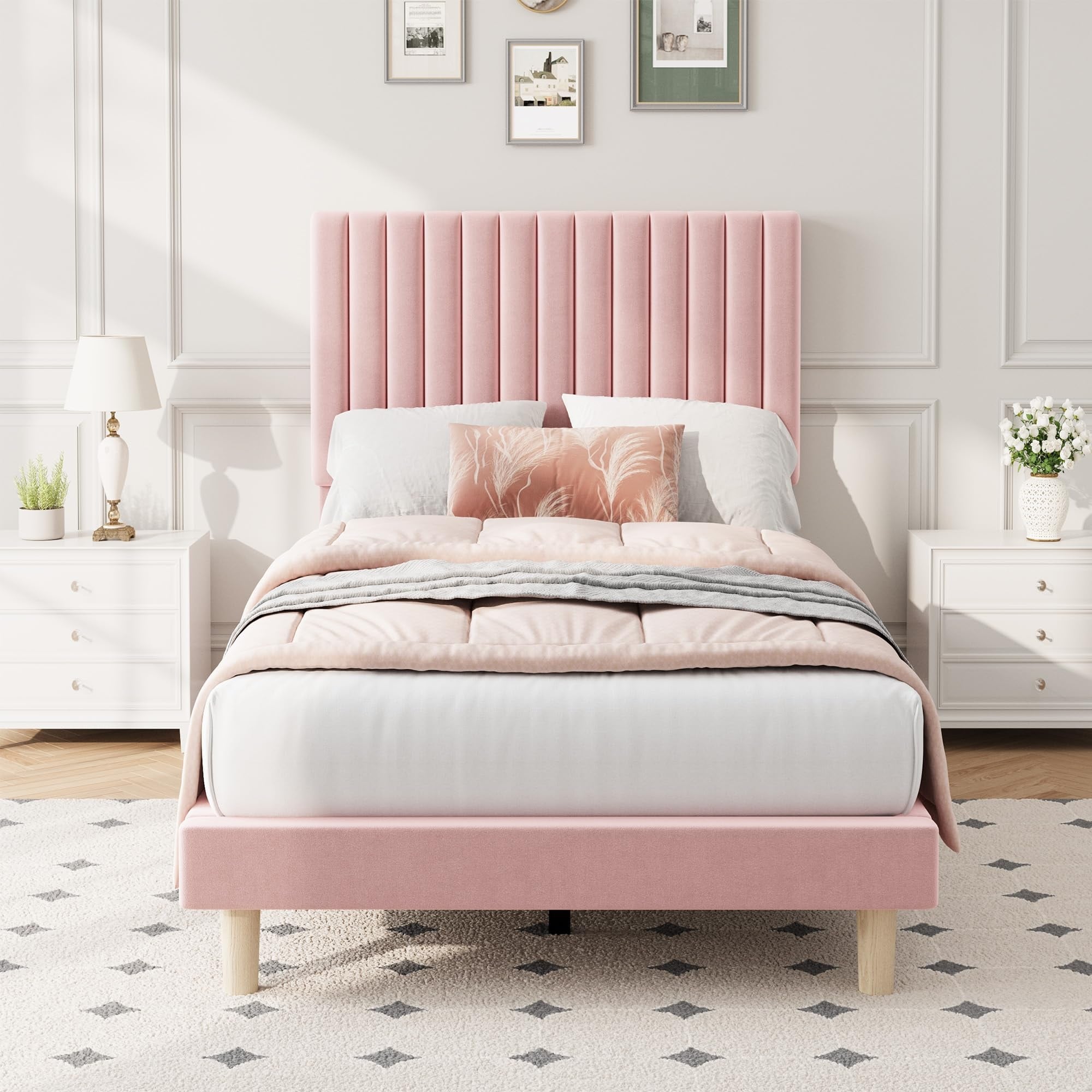 Velvet Bed Frame, Vertical Channel Tufted Headboard, Height Adjustable, Upholstered Platform Bed, No Box Spring Needed