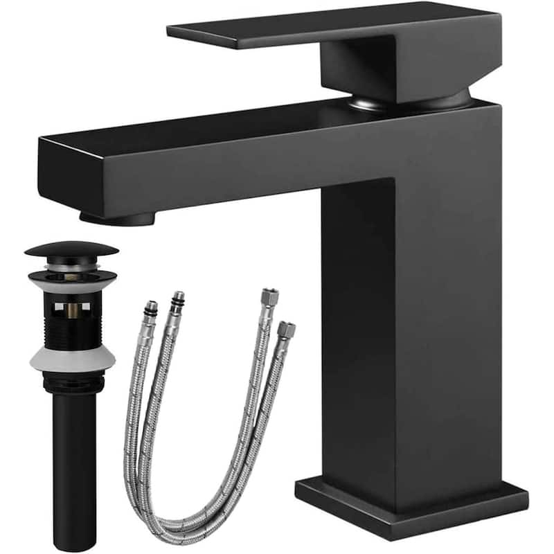 Single Handle Single Hole Bathroom Faucet, Solid Brass Modern Bathroom Sink Faucet with Pop-up Drain & Water Supply Hoses - Matte Black