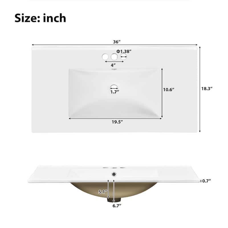 36 Inch White Bathroom Vanity with Ceramic Sink, Modern Freestanding Cabinet with Soft Close Doors and 4 Drawers