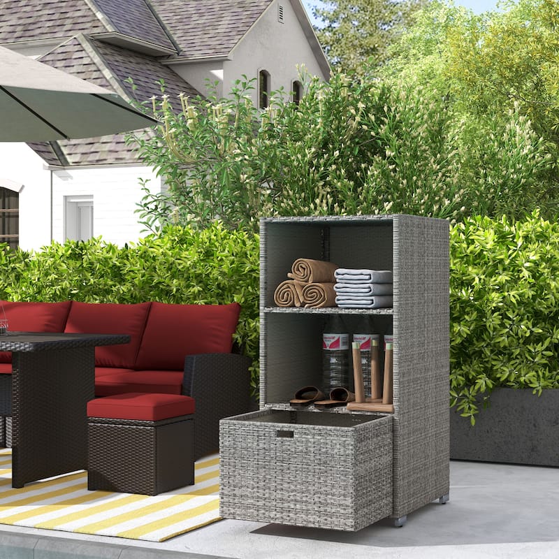 Pool Towel Rack Plastic Rattan Storage Organizer Waterproof Storage Organizer with 2 Shelves and Basket Drawer for Spa Pool - Grey