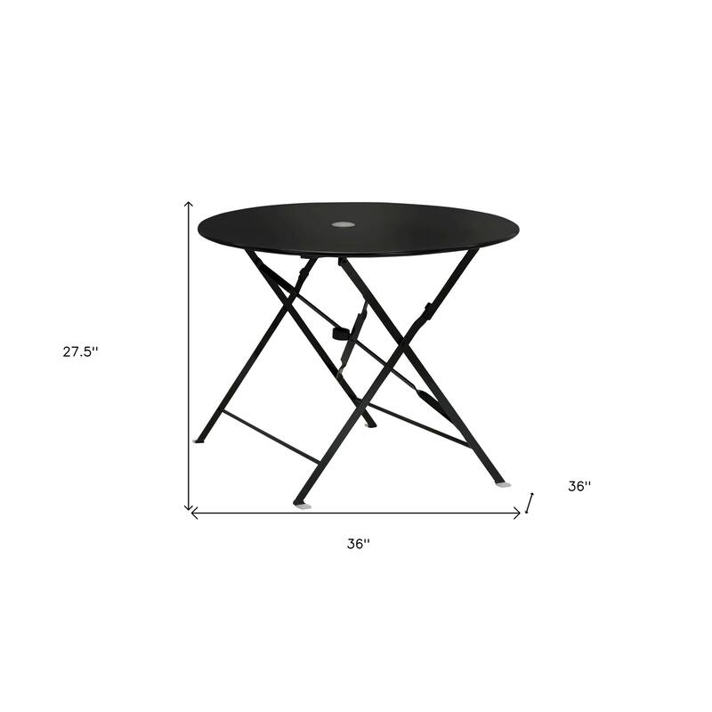 36" Black Rounded Aluminum Folding Outdoor Dining Table with Umbrella Hole
