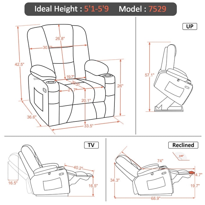 MCombo Electric Power Lift Recliner Chair with Massage and Heat for  Elderly, Extended Footrest, USB Ports, Fabric 7529 - On Sale - Bed Bath &  Beyond - 34440325