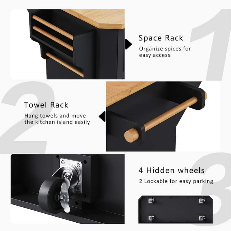 56" Kitchen Island w/Rubber Wood Veneer Drop Leaf,Rolling Kitchen Cart