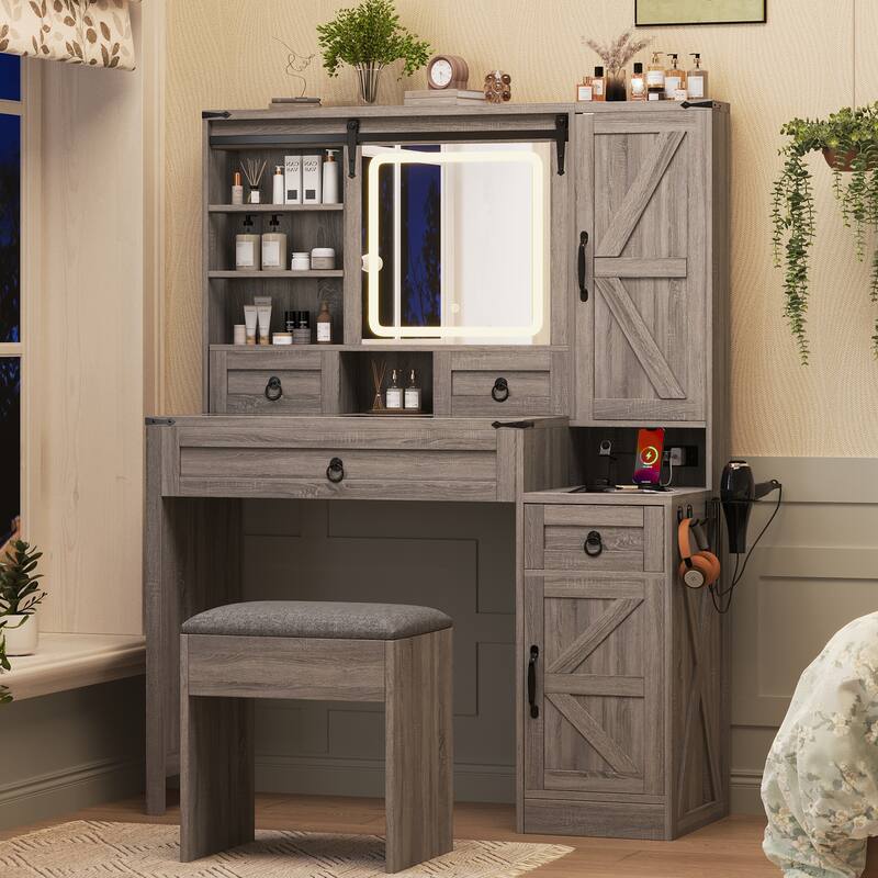 Roomfitters Farmhouse Vanity Desk with Sliding Mirror & Lights, Glass Top, Charging Station, 4 Drawers, 2 Cabinets, Stool