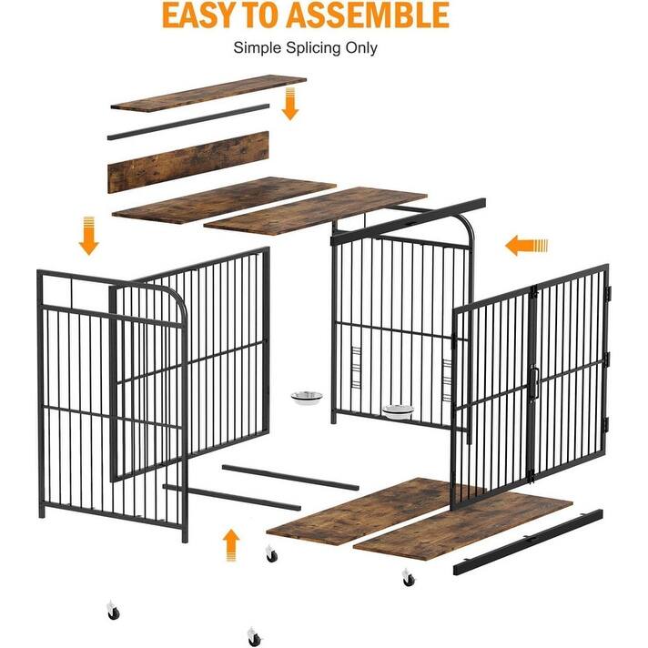 Large Dog Kennel Crate Furniture with 360° Adjustable Elevated Feeder Wheels