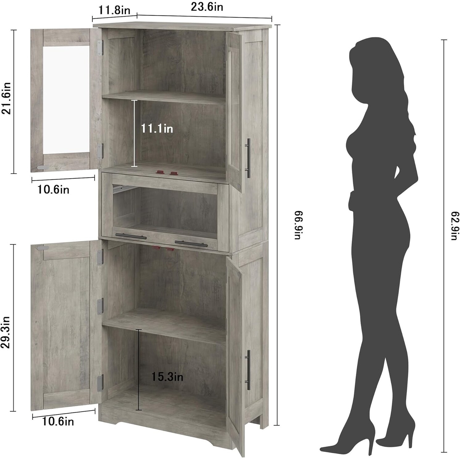 Tall Bathroom & Kitchen Pantry Cabinet with Glass Doors