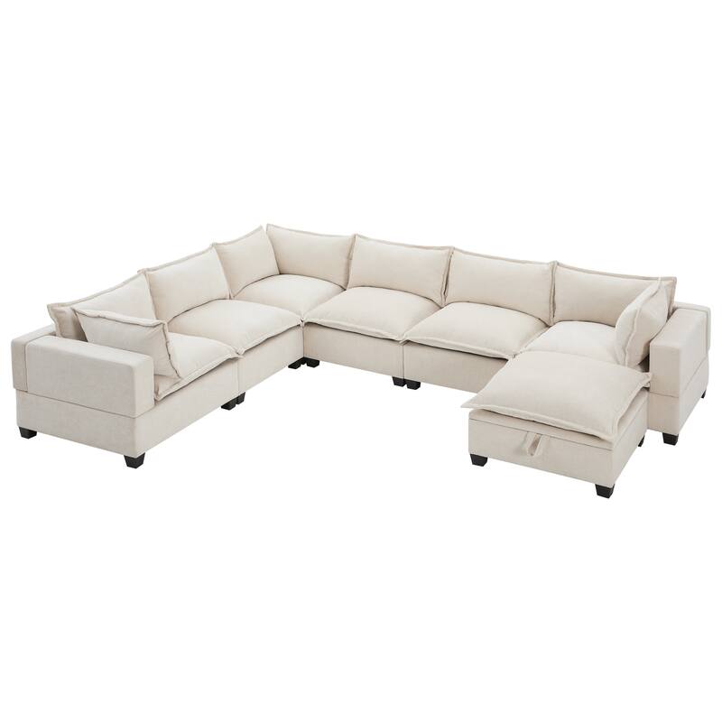 Roomfitters 117.5" Modular U-Shaped Sectional Sofa with Storage Ottoman, 7 Seat Wide Chenille Couch, Living Room Sofa