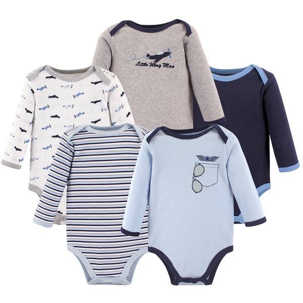 slide 1 of 1, Luvable Friends Baby Boy Cotton Long-Sleeve Bodysuits 5pk, Airplane 0-3 Months - Airplane