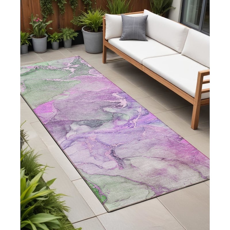 Almisi Unique Abstract Weather Resistant Sleek Contemporary Outdoor Rug - 8' Runner - Purple