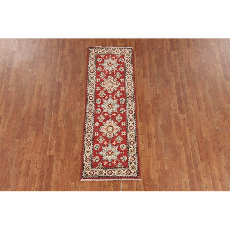 Geometric Red Kazak Runner Rug Hand-Knotted Wool Carpet - 2'1" x 6'0"