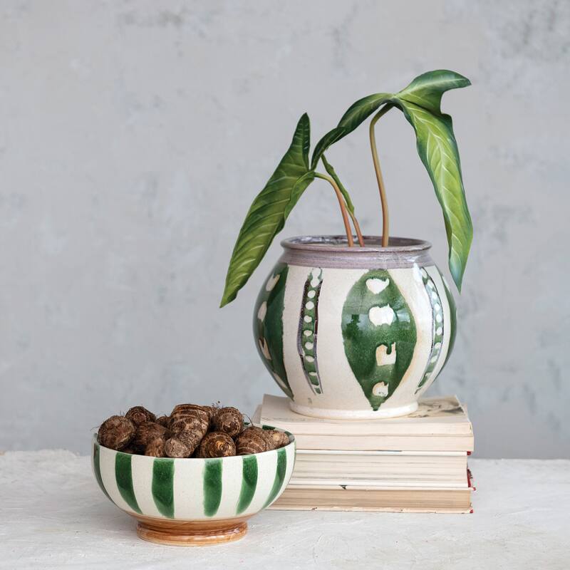 Hand-Painted Stoneware Footed Bowl with Stripes - 10.4"L x 10.4"W x 4.9"H - 10.4"L x 10.4"W x 4.9"H