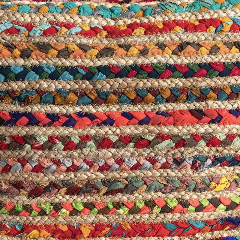 HomeRoots 18" Natural and Rainbow Braided Jute And Polyester Striped Pouf Ottoman