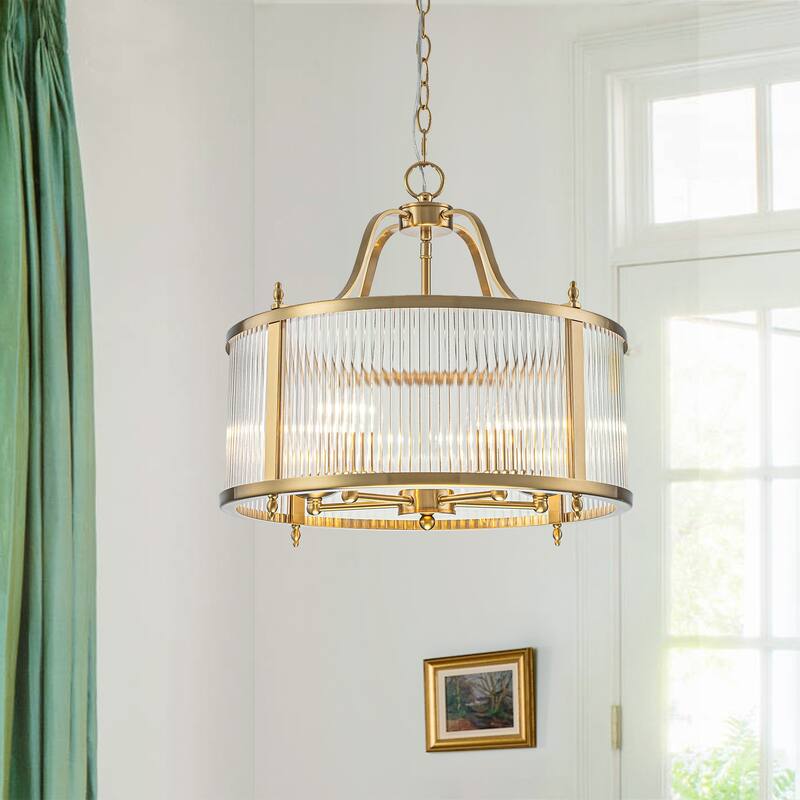 Modern Glam 5-Light Clear Ribbed Glass Drum Chandelier for Dining and Living Room - Gold