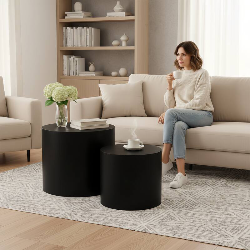 Nesting Coffee Table Set of 2, Modern Round Wooden Side Tables with Non-Slip Feet, Space-Saving Living Room Accent Tables