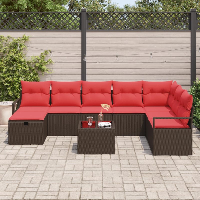 vidaXL 8/9 Garden Sofa Set with Cushions Black/Brown/Grey Poly Rattan - 113 x 69.7 x 27.2