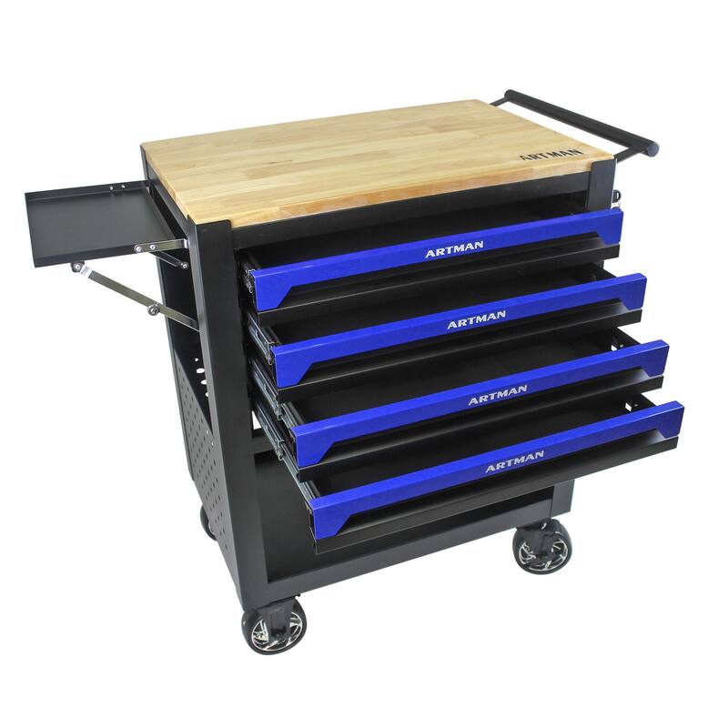 4 Drawers Multifunctional Tool Cart with Wheels and Wooden Top Multiple Uses - Home office or garage - Blue