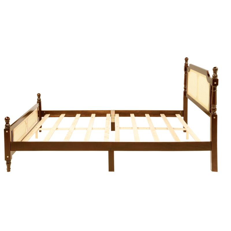 Queen Pine wooden Bed with Rattan Headboard and Footboard
