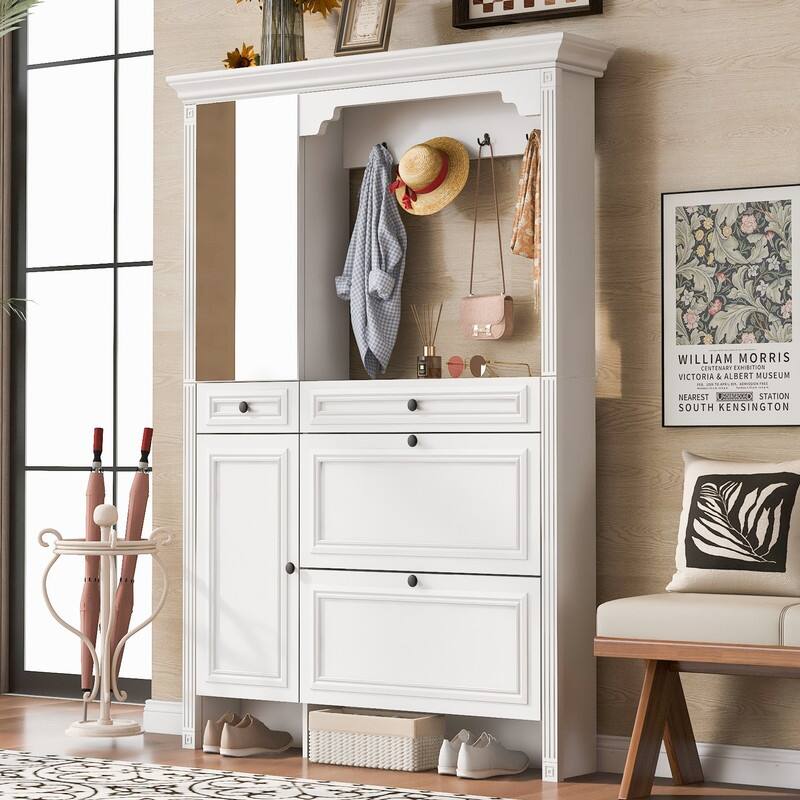 54.7'' Hall Tree with Integrated Shoe Cabinet and Mirrored Cabinet Door, Coat Hanger, Entryway Bench, 4-in-1 Design